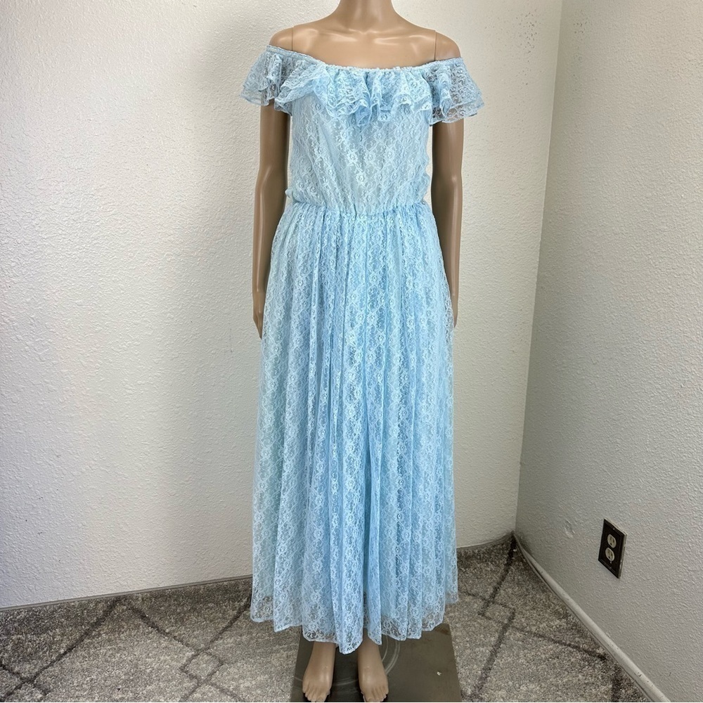Candi Jones vtg dress Prairie fairy Cottage Festival Lace Ruffle pastel Blue